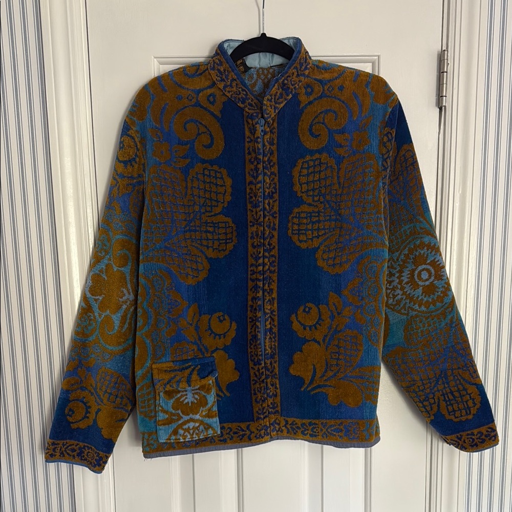 Woven Floral Patterned Jacket - Blue & Mustard